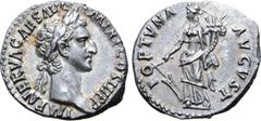 Roman Imperial Nerva AR Denarius. Rome, AD 97. IMP NERVA CAES AVG P M TR P COS III P P, laureate head right / FORTVNA AVGVST, Fortuna standing left, holding rudder and cornucopiae. RIC 16; BMCRE 37; R