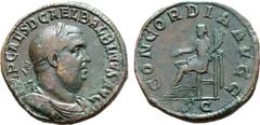 Roman Imperial Balbinus Æ Sestertius. Rome, AD 238. IMP CAES D CAEL BALBINVS AVG, laureate, draped and cuirassed bust right / CONCORDIA AVGG, Concordia seated left, holding patera and cornucopiae; SC 