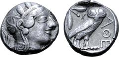 GREEK Attica, Athens Fourée Tetradrachm. Circa 405 BC. Head of Athena right, in crested Attic helmet ornamented with three olive leaves above visor and spiral palmette on bowl, wearing round earring w