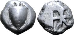 GREEK Islands off Attica, Aegina AR Stater. Circa 525-475 BC. Sea turtle, head in profile, with 'T' design in pellets on shell / Incuse square with 'proto-skew' design. Meadows, Aegina, Group IIc; HGC