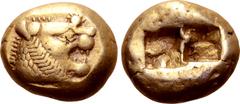GREEK Kingdom of Lydia, Alyattes EL Trite - 1/3 Stater. Sardes, circa 610-546 BC. Head of roaring lion right, sunburst with multiple rays on forehead / Two incuse square punches. Traité II/1, 44, pl. 