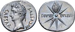 ROMAN IMPERIAL Augustus AR Denarius. Uncertain Spanish mint (Colonia Caesaraugusta?), 19-18 BC. CAESAR AVGVSTVS, head left, wearing oak wreath / Eight-rayed comet with tail upwards, DIVVS IVLIVS acros