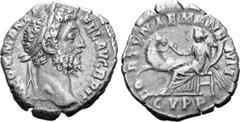 ROMAN IMPERIAL Commodus AR Denarius. Rome, AD 189. M COMM ANT P FEL AVG BRIT, laureate bust right / FORTVNAE MANENTI, Fortuna sitting left holding cornucopiae with left hand and restraining horse by t