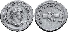 ROMAN IMPERIAL Balbinus AR Antoninianus. Rome, AD 238. IMP CAES D CAEL BALBINVS AVG, radiate, draped and cuirassed bust right / CONCORDIA AVGG, clasped hands. RIC 10; RSC 3; BMCRE 67-70. 3.80g, 23mm, 