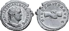 ROMAN IMPERIAL Balbinus AR Antoninianus. Rome, AD 238. IMP CAES D CAEL BALBINVS AVG, radiate, draped and cuirassed bust right / FIDES MVTVA AVGG, clasped right hands. RIC 11; RSC 6. 4.07g, 23mm, 11h. 