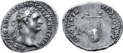 Roman Provincial Domitian AR Drachm of the Lycian League. Minted in Rome for circulation in Lycia, dated RY 14 = AD 95. AVT KAIC ΔOMITIANOC CЄBACTOC ΓЄPM, laureate head right / ЄTOYC IΔ YΠATOY IZ, lyr