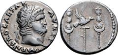 Roman Imperial Nero AR Denarius. Rome, AD 67-68. IMP NERO CAESAR AVG P P, laureate head right, with slight beard / Legionary eagle between two standards. RIC 68; BMCRE 107; RSC 356. 3.52g, 17mm, 6h. G