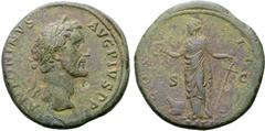 Roman Imperial Antoninus Pius Æ Sestertius. Rome, AD 139. ANTONINVS AVG PIVS P P, laureate head right / COS II, towered figure of Asia standing facing, head left, holding crown and anchor; at feet, pr