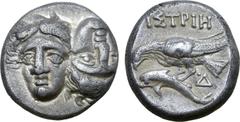 The William Stancomb Collection Moesia, Istros AR Drachm. Circa 340/330-313 BC. Two young male heads facing, right head inverted / IΣTPIH above sea-eagle on dolphin left, •Δ to right above dolphin. Cf