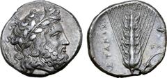 Greek Lucania, Metapontion AR Stater. Circa 340-330 BC. Kal-, magistrate. Laureate head of Zeus to right; thunderbolt behind / Ear of barley with leaf to right, ΚΑ[Λ] and poppy head above leaf, ΜΕΤΑΠΟ