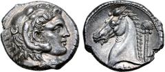Greek Sicily, Siculo-Punic AR Tetradrachm. 'People of the Camp' mint (Entella?), circa 300-289 BC. Head of Herakles right, wearing lion skin headdress / Head of horse to left; date palm tree behind, '