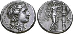 Greek Sicily, Syracuse AR Tetradrachm. Time of Agathokles, circa 310-306/5 BC. Head of Kore right, wearing earring, necklace and wreath of grain ears; KOPAΣ to left / Nike standing right, wearing drap