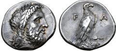 Greek Elis, Olympia AR Stater. 108th Olympiad. Zeus mint, 348 BC. Laureate head of Zeus right / Eagle with closed wings standing to right on Ionic column capital; F-A across fields. BCD Olympia 136 (t