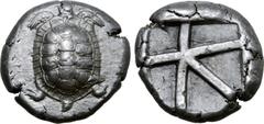 Greek Islands off Attica, Aegina AR Stater. Circa 456-431 BC. Land tortoise with segmented shell / Large square incuse of heavy skew pattern. Meadows, Aegina, Group IIIb; HGC 6, 437; Dewing 1683. 12.2