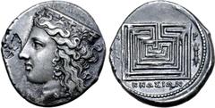 Greek Crete, Knossos AR Stater. Circa 300-270 BC. Head of Hera left, wearing ornamented stephanos, triple-pendant earring, and necklace / The Labyrinth of King Minos; A above arrow head to left, P abo