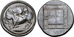 Greek Macedon, Akanthos AR Tetradrachm. Circa 470-430 BC. Lion to right, attacking bull crouching to left with head raised; in exergue, tunny fish to left / AKANΘION in shallow incuse around quadripar