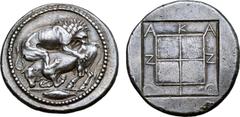 Greek Macedon, Akanthos AR Tetradrachm. Circa 470-430 BC. Lion to right, attacking bull crouching to left with head half-facing; in exergue, tunny fish to left / AKANΘION in shallow incuse around quad