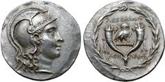 Greek Ionia, Lebedos AR Tetradrachm. Circa 160-140 BC. Stephanophoric type. Athenaios, magistrate. Head of Athena right, wearing triple-crested Attic helmet with laurel branch above visor / Owl standi