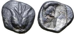 Greek Mysia, Kyzikos AR Obol. Circa 600-550 BC. Lotus bud [tunny fish off flan to right?] / Quadripartite incuse square. Cf. CNG 69, 347(hemiobol); cf. CNG 229, lot 155 (tunny fish to left and hemiobo