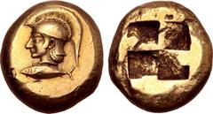 Greek Mysia, Kyzikos EL Stater. Circa 550-500 BC. Head of Athena left, wearing crested Attic helmet, base of crest decorated with zig-zag and pellet pattern; tunny fish to left below / Quadripartite i