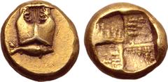 Greek Mysia, Kyzikos EL Myshemihekte - 1/24 Stater. Circa 450-400 BC. Kithara; tunny fish below to right / Quadripartite incuse square. Cf. von Fritze I 181 (unlisted denomination); cf. Boston MFA 154