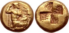 Greek Mysia, Kyzikos EL Hemihekte - 1/12 Stater. Circa 450-400 BC. Zeus, nude to waist, kneeling right, holding sceptre with his right hand, eagle taking flight from his extended left hand; [tunny fis