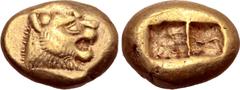 Greek Kingdom of Lydia, Alyattes EL Trite - 1/3 Stater. Sardes, circa 610-546 BC. Head of roaring lion right, sunburst with multiple rays on forehead / Two incuse square punches. Traité II/1, 44, pl. 