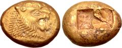 Greek Kingdom of Lydia, Alyattes EL Trite - 1/3 Stater. Sardes, circa 610-546 BC. Head of roaring lion right, sunburst with multiple rays on forehead / Two incuse square punches. Traité II/1, 44, pl. 