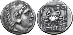 Greek Islands off Karia, Kos AR Tetradrachm. Circa 285-258 BC. Nikagoras, magistrate. Head of Herakles right, wearing lion skin headdress / Crab, NIKAΓOPAΣ and bowcase below, KΩION above; all within b