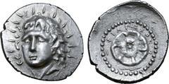 Greek Rhodos, Rhodes AR Drachm. Circa 88/42 BC-AD 14. Philiskos, magistrate. Radiate head of Helios facing, turned slightly to left / Rose seen from above; Ρ-Ο, grain ear and ΦΙΛΙΣΚΟΣ around. Ashton &
