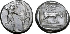 Greek Cyprus, Golgoi(?) AR Stater. Circa 460-430 BC. Nude male figure (Herakles?) standing to right, holding tree in left hand, and raising labrys (double-axe) in right hand / Bull standing to right o
