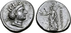 Greek Parthia, Andragoras AR Tetradrachm. Hekatompylos(?), circa 246/5-239/8 BC. Turreted head of Tyche right, wearing pendant earring and necklace; monogram of Andragoras behind / Athena standing lef