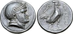 Greek Baktria, Sophytes AR Tetradrachm. Uncertain mint in the Oxus region, circa 246/5-235 BC. Attic standard. Head of Seleukos(?) right, wearing laurel wreathed Attic helmet decorated with spiral pat