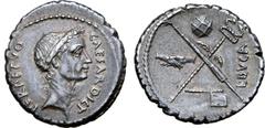 Roman Imperatorial Julius Caesar AR Denarius. Rome, February - March 44 BC. L. Aemilius Buca, moneyer. Wreathed head of Caesar right; CAESAR•DICT before, PERPETVO behind / Fasces and winged caduceus i