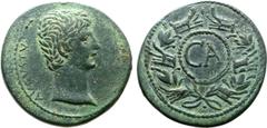 Roman Imperial Augustus Æ Dupondius. Pergamum, or Ephesos, circa 25 BC. AVGVSTVS, bare head right / Large C A within laurel wreath with prows framed by double-pelleted border. RIC 501 (Pergamum); RPC 
