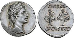 Roman Imperial Augustus AR Denarius. Uncertain Spanish mint (Colonia Patricia?), circa 20-19 BC. Laureate head right / Two laurel trees; CAESAR above; AVGVSTVS below. RIC 51; BMCRE 352 = BMCRR Rome 44