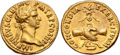 Roman Imperial Nerva AV Aureus. Rome, AD 96. IMP NERVA CAES AVG P M TR P COS II P P, laureate head right / CONCORDIA EXERCITVVM, clasped hands before aquila resting on prow. RIC 3; C. 24; BMCRE 7; Cal