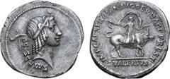 Roman Imperial Trajan AR Denarius. Restitution issue of L. Valerius Acisculus (45 BC). Rome, circa AD 107. Head of Apollo right; star above, acisculus and ACISCVLVS behind / IMP CAES TRAIAN AVG GER DA