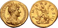 Roman Imperial Hadrian AV Aureus. Rome, AD 119-122. IMP CAESAR TRAIAN HADRIANVS AVG, laureate, draped and cuirassed bust right / P M TR P COS III, Hercules seated facing, on shield and cuirass, holdin