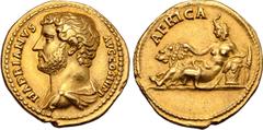Roman Imperial Hadrian AV Aureus. Rome, AD 134-138. HADRIANVS AVG COS III P P, bare-headed and draped bust left / AFRICA, Africa reclining to left, wearing elephant-skin headdress and resting right ha