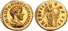 Roman Imperial Marcus Aurelius AV Aureus. Rome, AD 163/164. M • ANTONINVS AVG IMP II, bare-headed, draped bust right, seen from behind / TR P XVIII COS III, Victory standing to left, holding stylus in