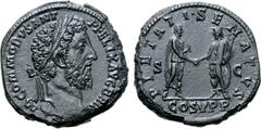 Roman Imperial Commodus Ӕ Sestertius. Rome, AD 186-189. M COMMODVS ANT P FELIX AVG BRIT, laureate head right / PIETATI SENATVS, Commodus and senator standing facing, clasping hands; COS V P P in exerg