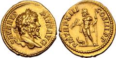 Roman Imperial Septimius Severus AV Aureus. Rome, AD 205. SEVERVS PIVS AVG, laureate head right / P M TR P XIII COS III P P, Jupiter standing left, holding thunderbolt and sceptre; eagle standing to l
