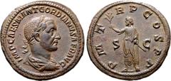 Roman Imperial Gordian I Africanus Æ Sestertius. Rome, AD 238. IMP CAES M ANT GORDIANVS AFR AVG, laureate, draped and cuirassed bust right / P M TR P COS P P, Gordian, laureate and togate, standing le