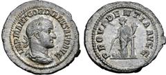 Roman Imperial Gordian II AR Denarius. Rome, AD 238. IMP M ANT GORDIANVS AFR AVG, laureate, draped and cuirassed bust right / PROVIDENTIA AVGG, Providentia standing facing, head to left, leaning on sh