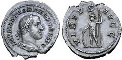 Roman Imperial Gordian II AR Denarius. Rome, March-April AD 238. IMP M ANT GORDIANVS AFR AVG, laureate, draped and cuirassed bust right, seen from behind / VIRTVS AVGG, Virtus standing facing, head le