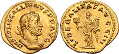 Roman Imperial Gallienus AV Aureus. Rome, AD 255. IMP C P LIC GALLIENVS P F AVG, laureate, draped and cuirassed bust right / LIBERALITAS AVGG III, Liberalitas standing left, holding abacus and cornuco