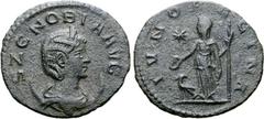 Roman Imperial Zenobia Æ Antoninianus. Antioch, March-May AD 272. S ZENOBIA AVG, draped bust right, wearing stephane, set on crescent / IVNO REGINA, Juno standing left, holding patera and sceptre, pea