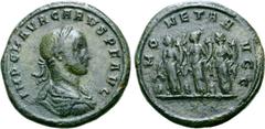 Roman Imperial Carus Æ Medallion. Siscia, AD 282. IMP C M AVR CARVS P F AVG, laureate, draped and cuirassed bust right / MONETA AVGG, the three Moneta standing facing, heads left, holding scales and c