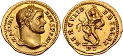 Roman Imperial Maximian AV Aureus. Treveri, AD 293-294. MAXIMIANVS P F AVG, laureate head right / HERCVLI DEBELLAT, Hercules standing left, holding club in raised right arm, preparing to strike Hydra 